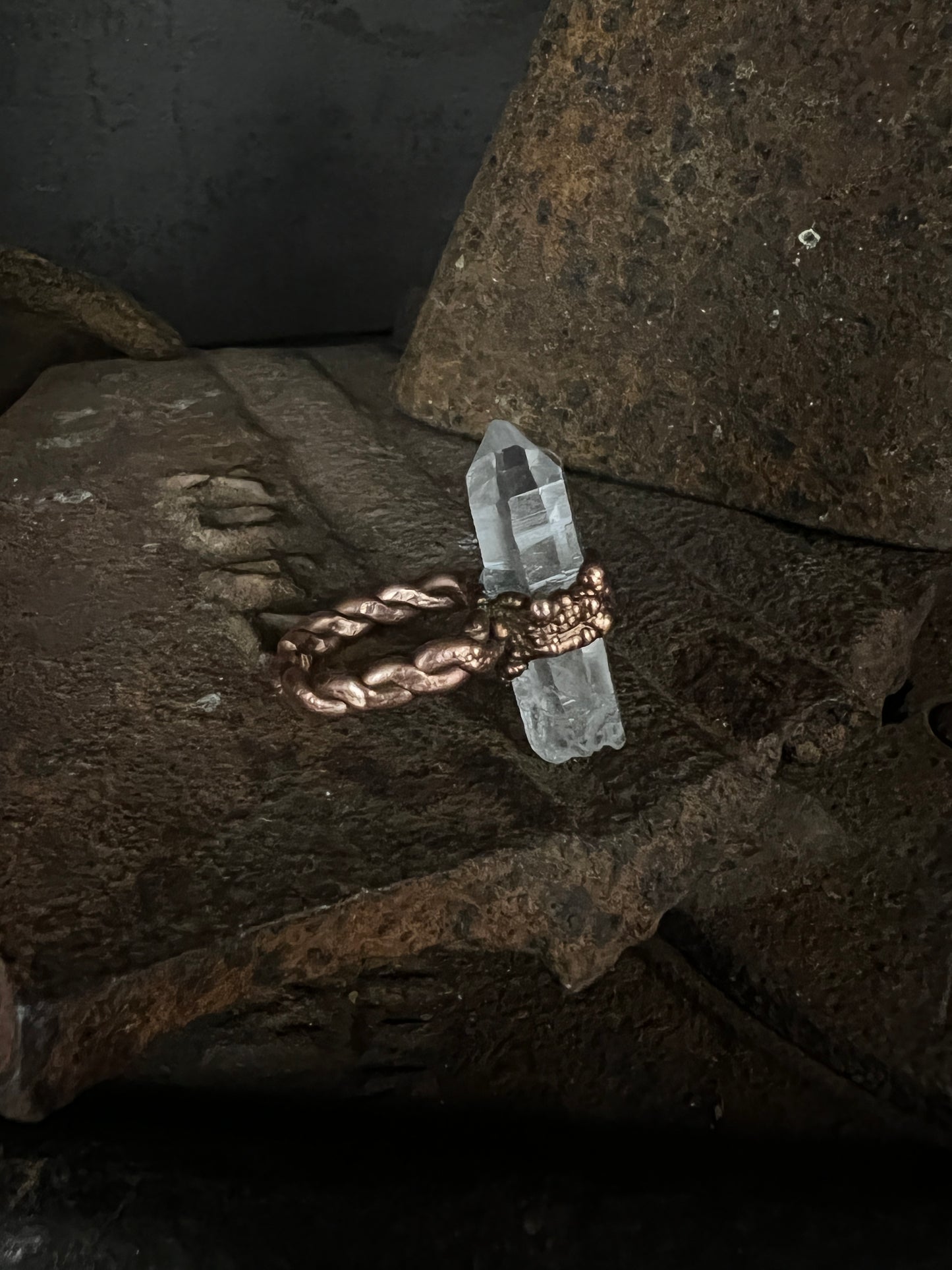 copper & clear quartz electroformed ring