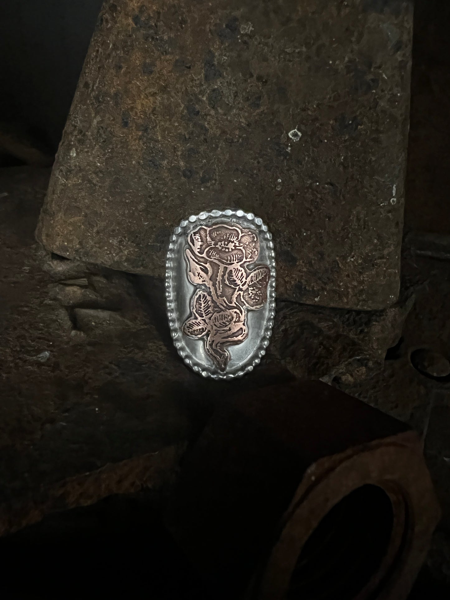 etched rose silver + copper ring