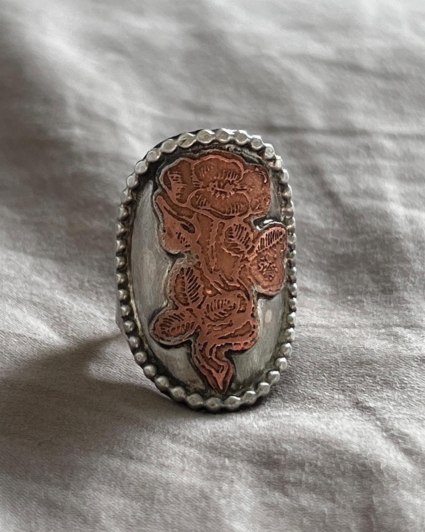 etched rose silver + copper ring